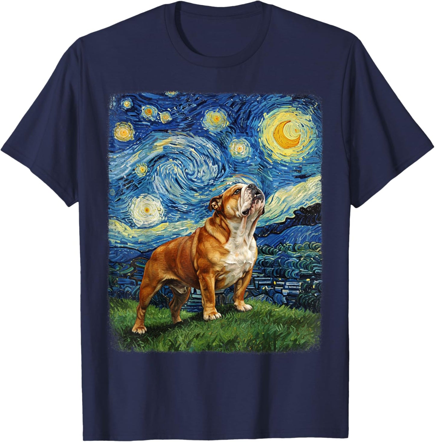 Bulldog Howling At Moon Starry Night Van Gogh Funny T-Shirt - T-Shirt | Navy