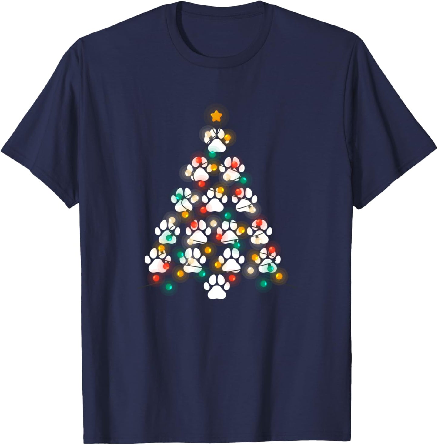 Dog Paw Print Puppy Christmas Tree Lights Cool X-Mas Dogs T-Shirt - T-Shirt | Navy