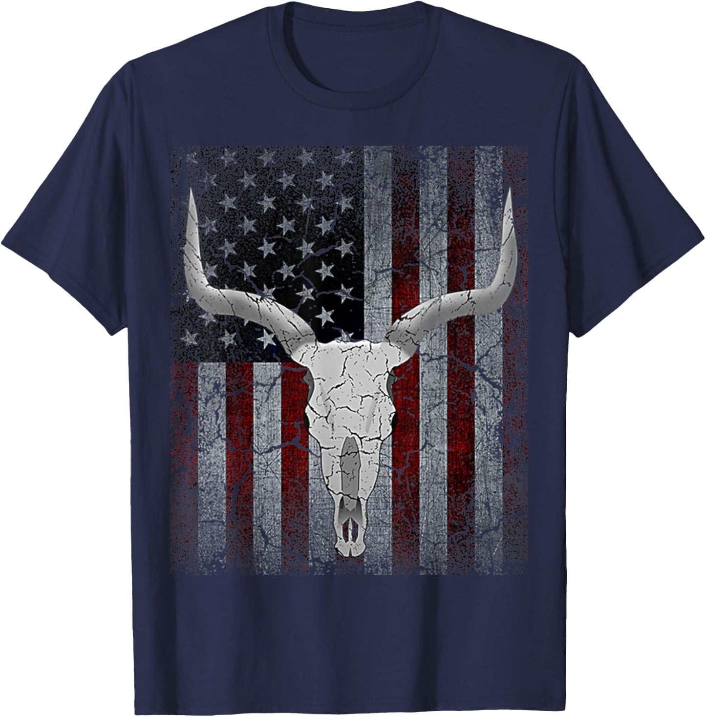Bull Skull American Flag Cow Skull Western Graphic Wild West T-Shirt - T-Shirt | Navy