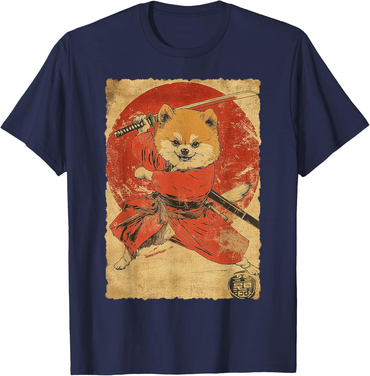 Funny Vintage Japanese Art Pomeranian Dog Ninja Samurai Women Girls Kids T-Shirt - T-Shirt | Navy