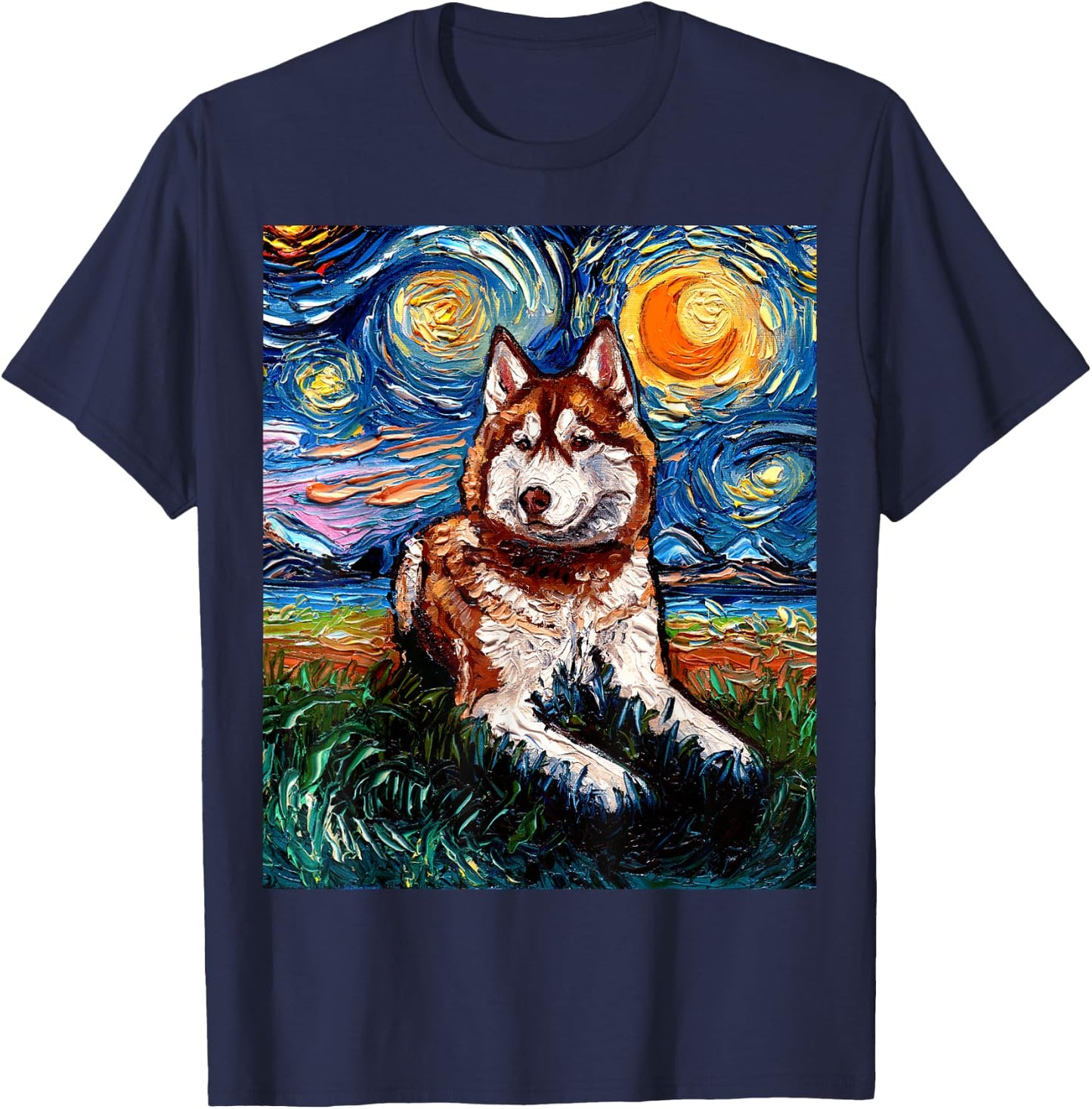 Red Siberian Husky Starry Night Alaskan Malamute Dog Artwork T-Shirt - T-Shirt | Navy
