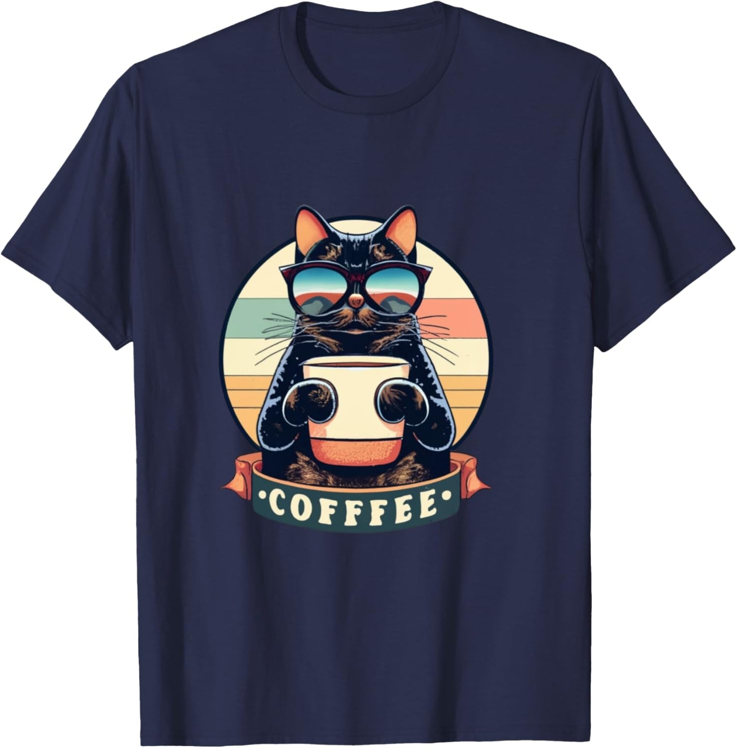 Cute Coffee Cat | Funny Vintage Cat | Black Cat | Retro Cat T-Shirt - T-Shirt | Navy