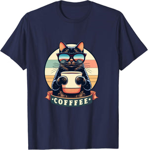 Cute Coffee Cat | Funny Vintage Cat | Black Cat | Retro Cat T-Shirt - T-Shirt | Navy