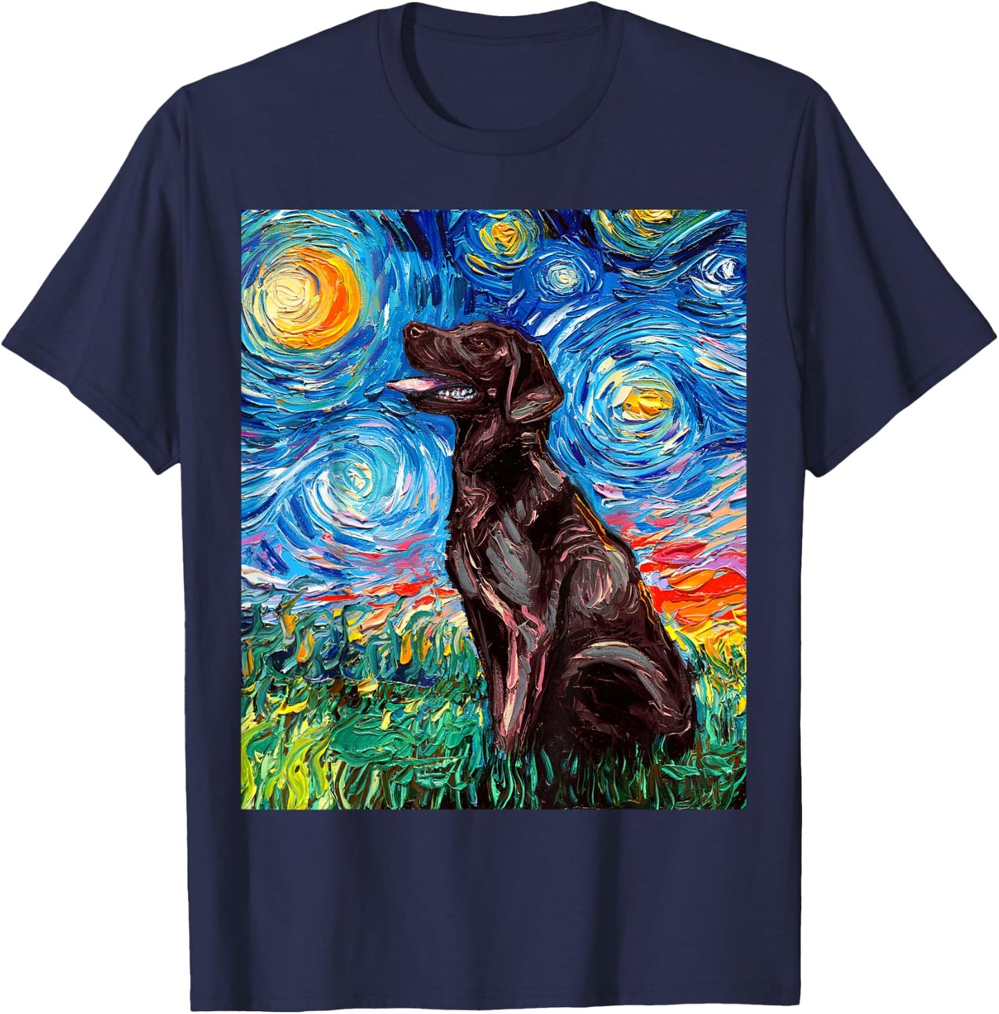 Chocolate Labrador Starry Night Brown Lab Dog Art by Aja T-Shirt - T-Shirt | Navy
