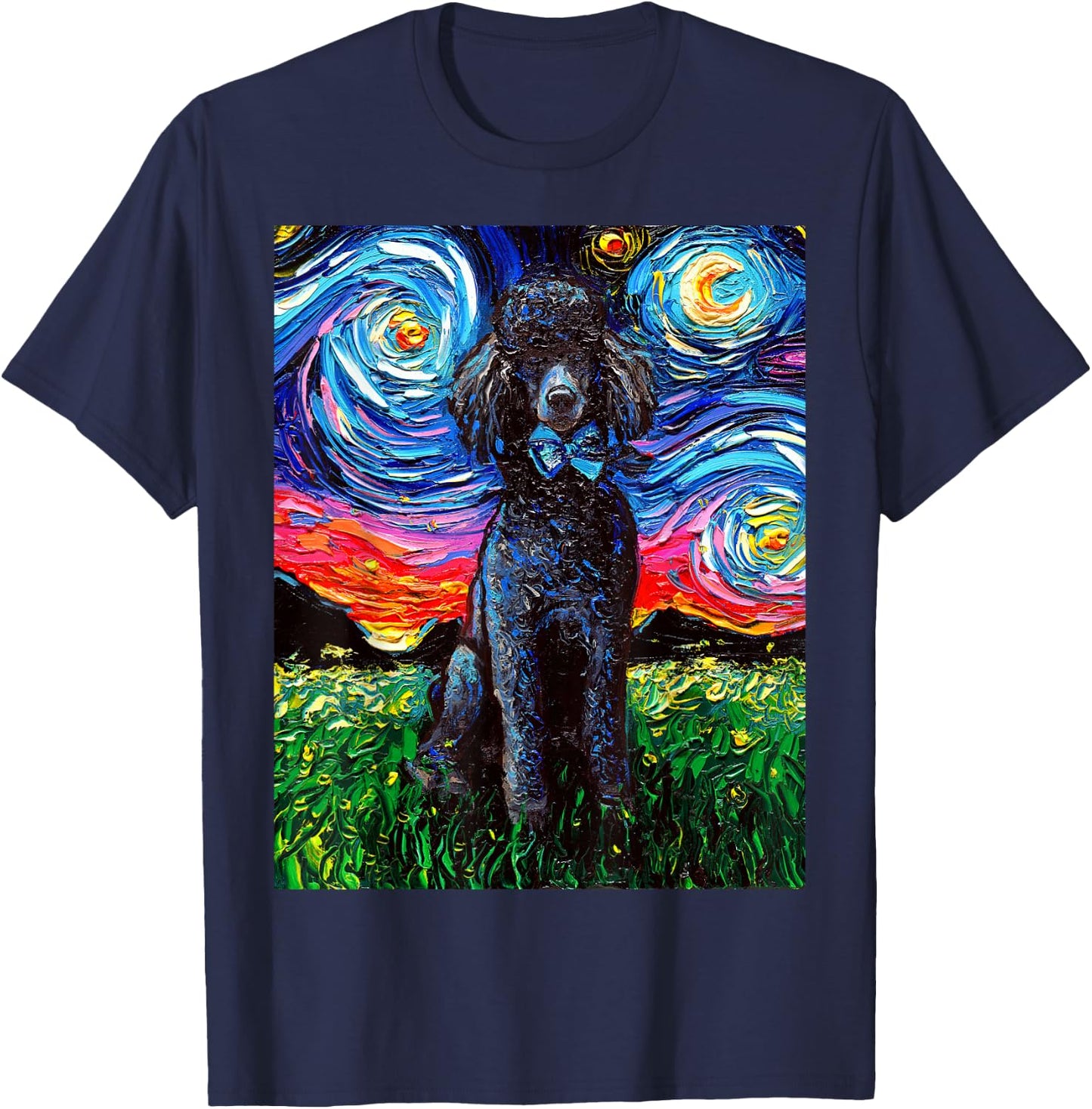 Black Standard Poodle Starry Night Dog Lover Animal Artwork T-Shirt - T-Shirt | Navy