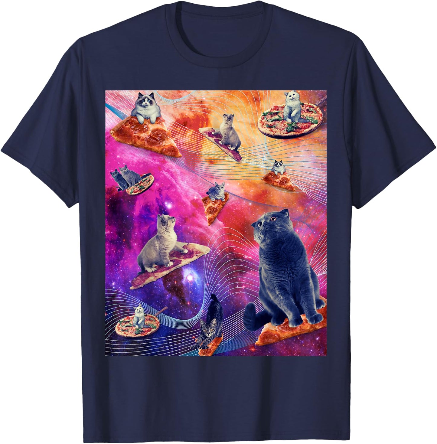 Galaxy Space Pizza Cat - Cat In Space Eating Pizza Men Women T-Shirt - T-Shirt | Navy