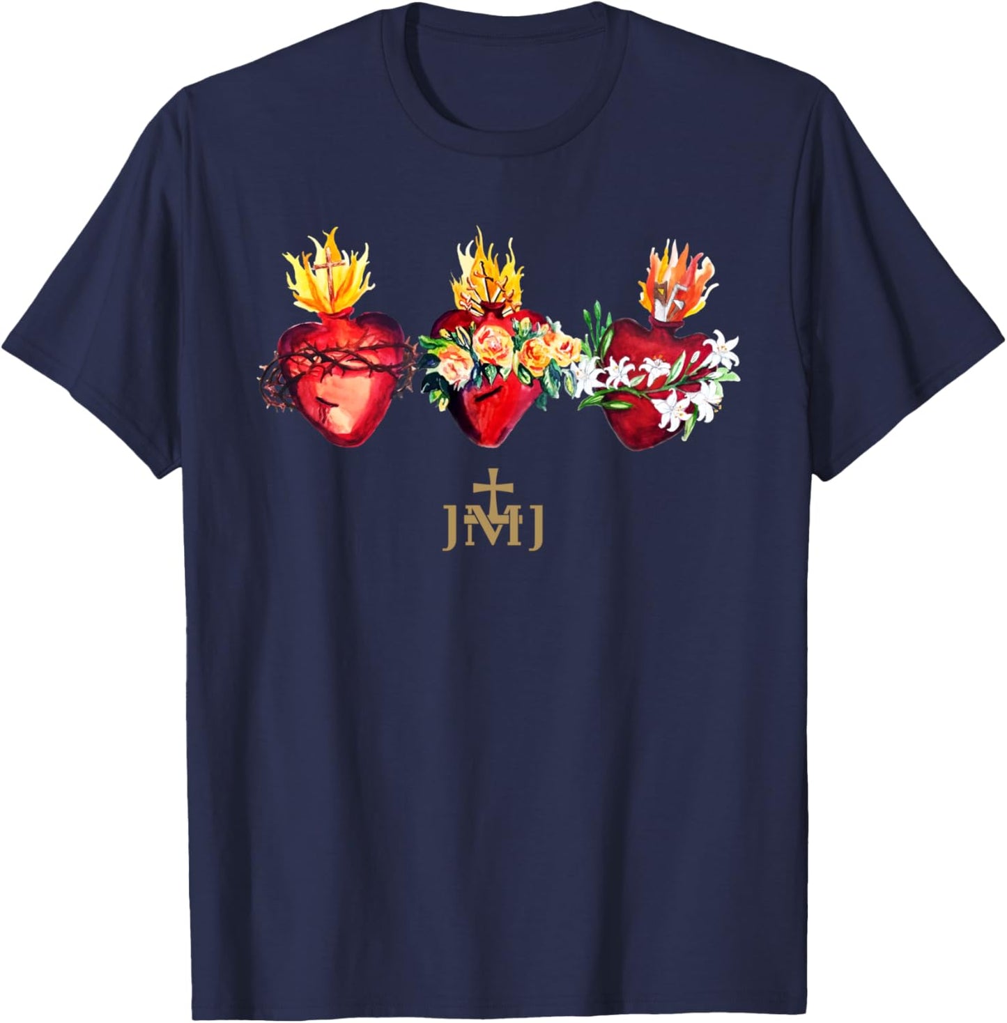 Three Sacred Hearts of Jesus Mary Joseph JMJ Catholic T-Shirt - T-Shirt | Navy