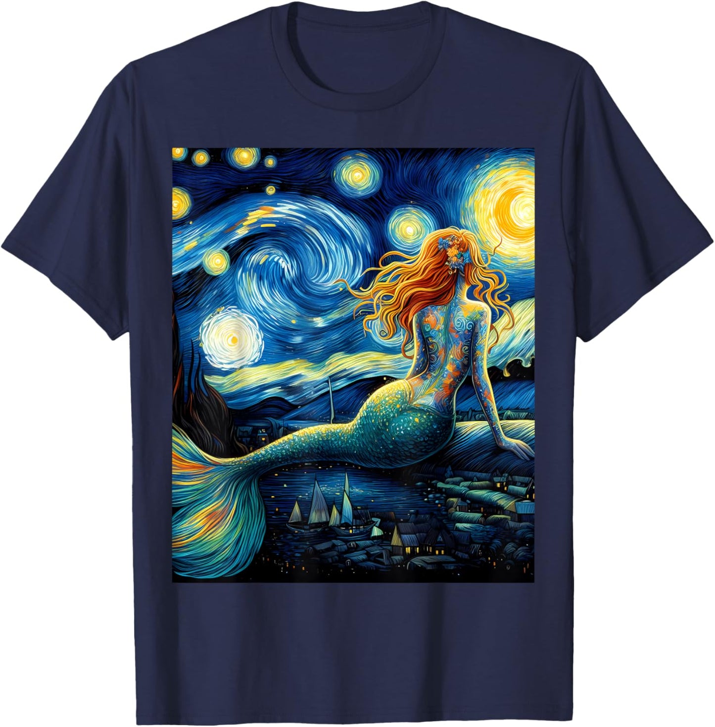 Mermaid Under Starry Night Sky Art Graphic Christmas T-Shirt - T-Shirt | Navy