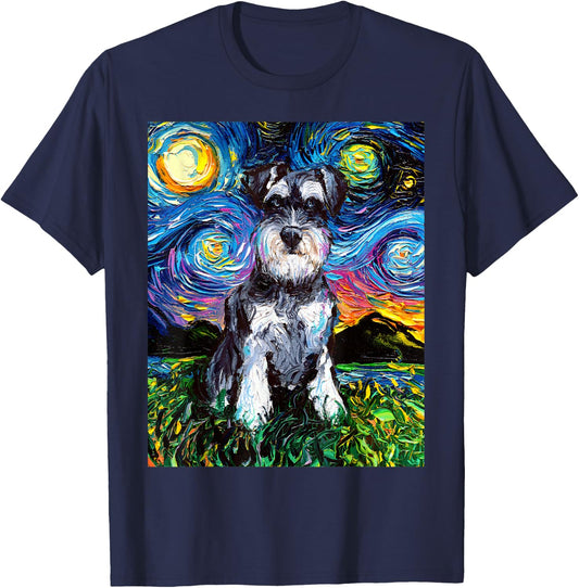Schnauzer Starry Night Impressionist Dog Art by Aja T-Shirt - T-Shirt | Navy