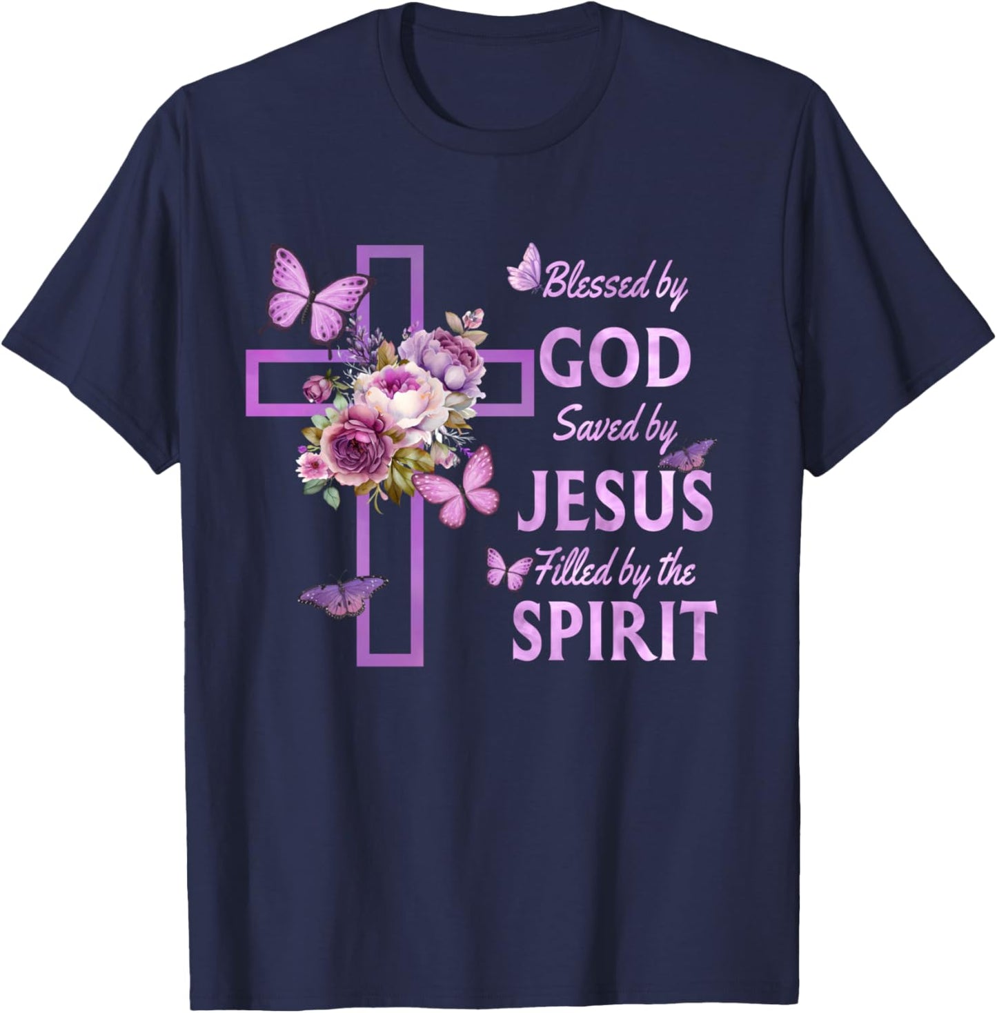 Blessed by God Saved by Jesus Purple Floral Cross Christian T-Shirt - T-Shirt | Navy