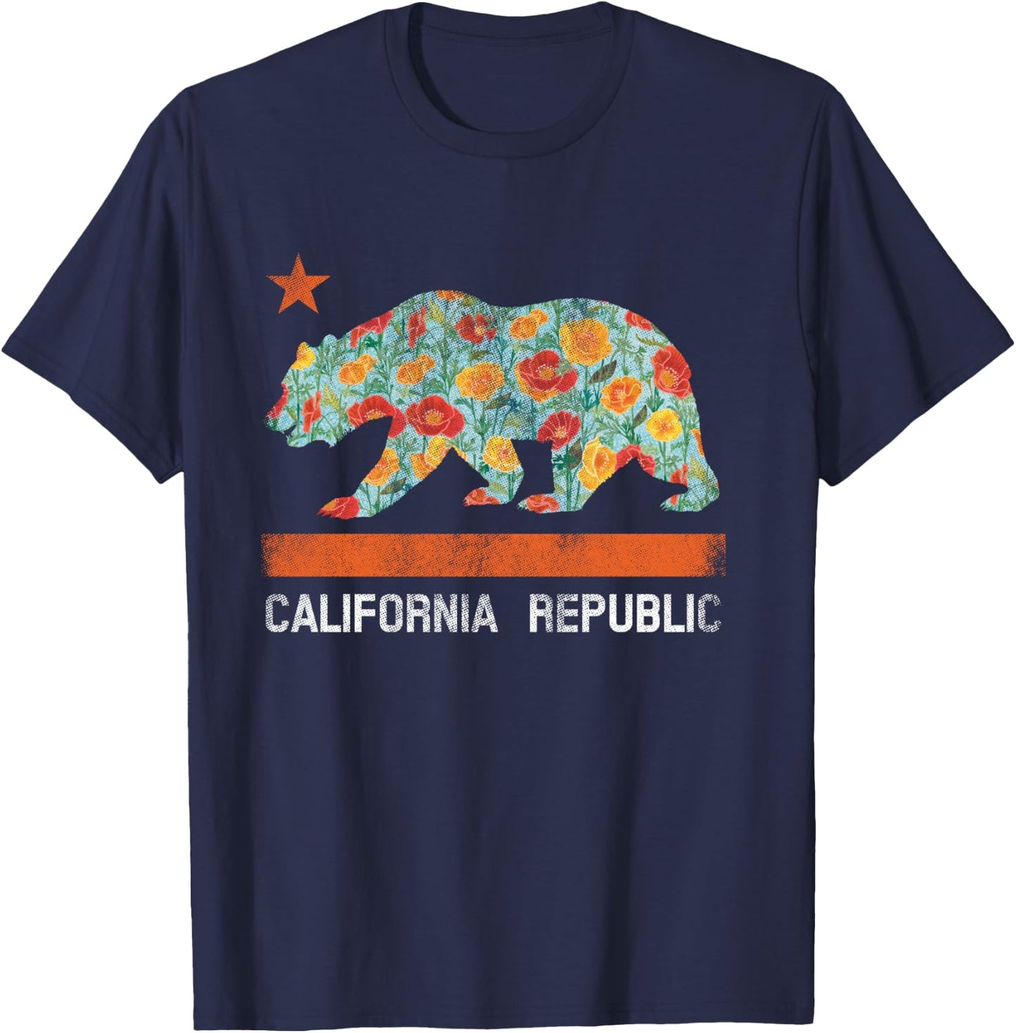 California Republic State Bear Star Poppy Flower LA Cali T-Shirt - T-Shirt | Navy