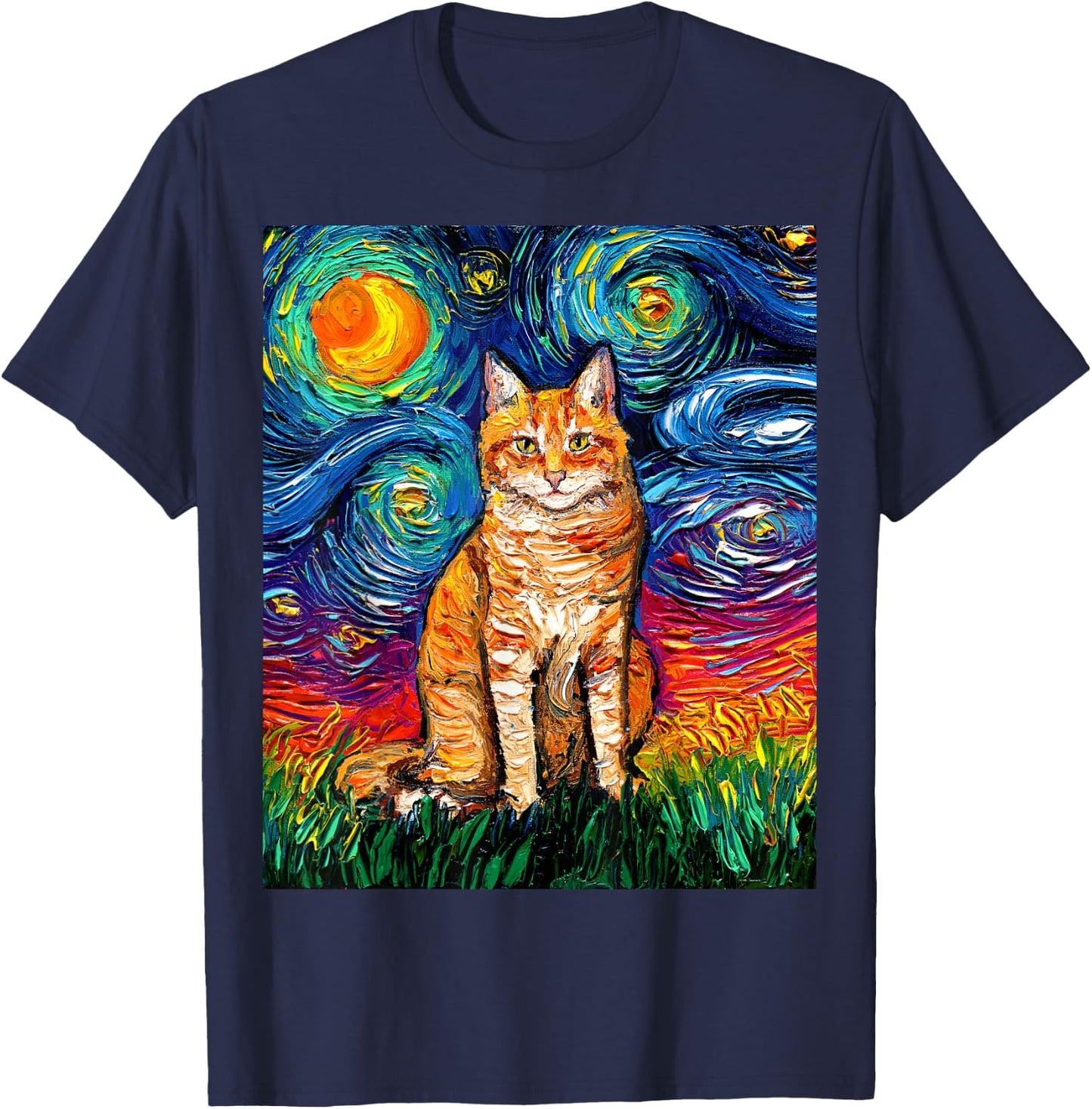 Orange Tabby Tiger Cat Starry Night Colorful Kitty Artwork T-Shirt - T-Shirt | Navy
