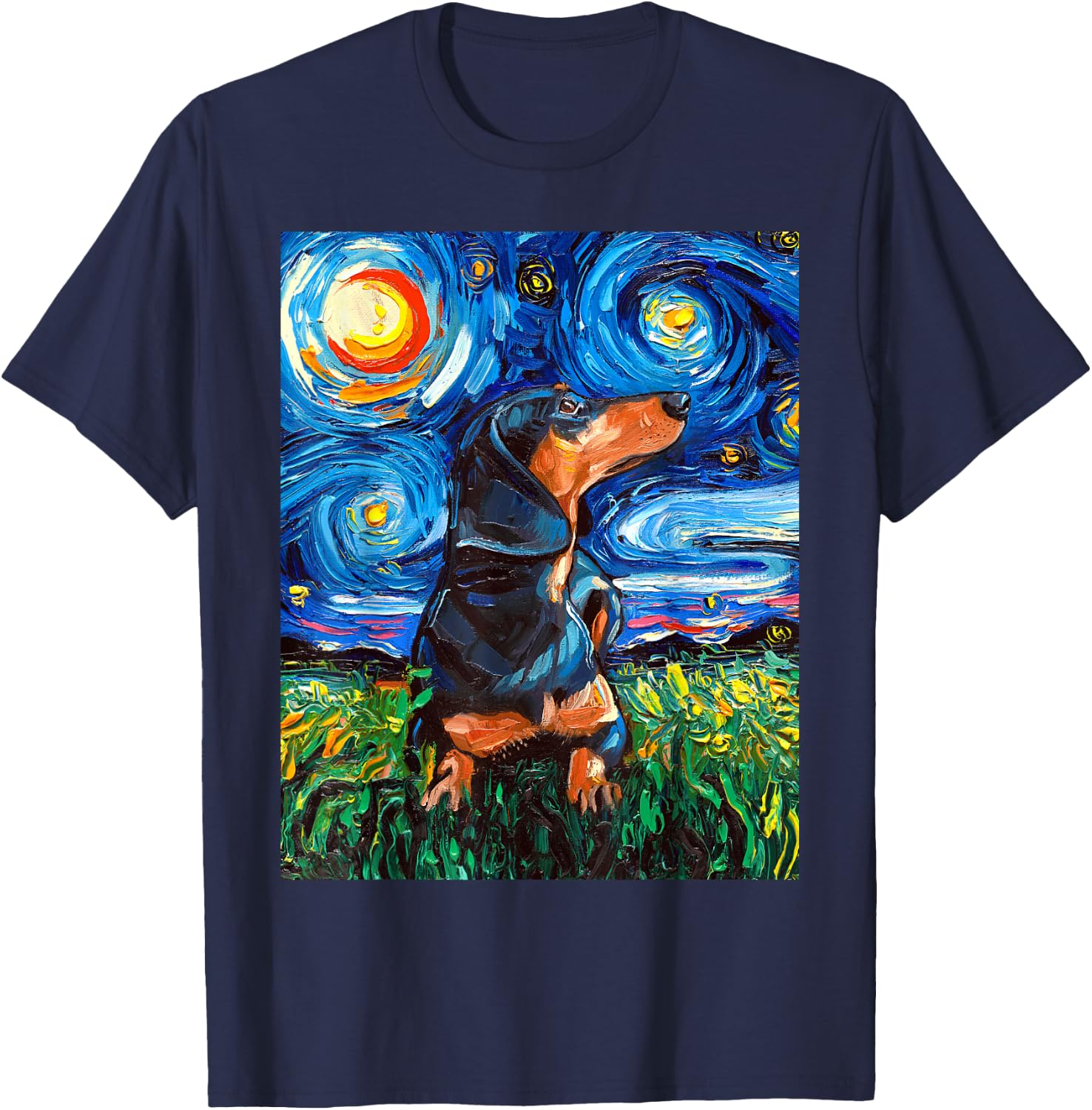 Black and Tan Dachshund Doxie Starry Night Dog Artwork T-Shirt - T-Shirt | Navy