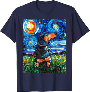 Black and Tan Dachshund Doxie Starry Night Dog Artwork T-Shirt - T-Shirt | Navy