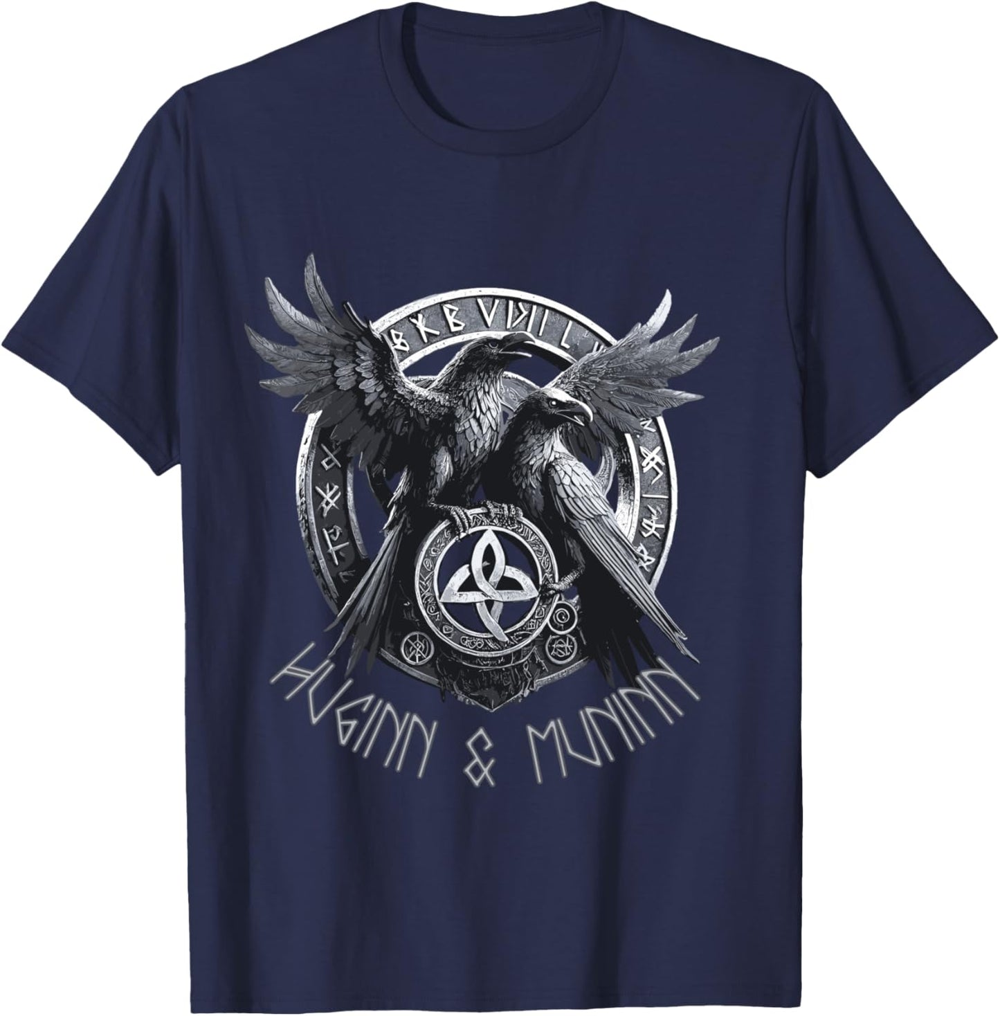 Odin Ravens Huginn & Muninn Vegvisir Vikings Myth , Black, S T-Shirt - T-Shirt | Navy