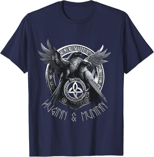 Odin Ravens Huginn & Muninn Vegvisir Vikings Myth , Black, S T-Shirt - T-Shirt | Navy