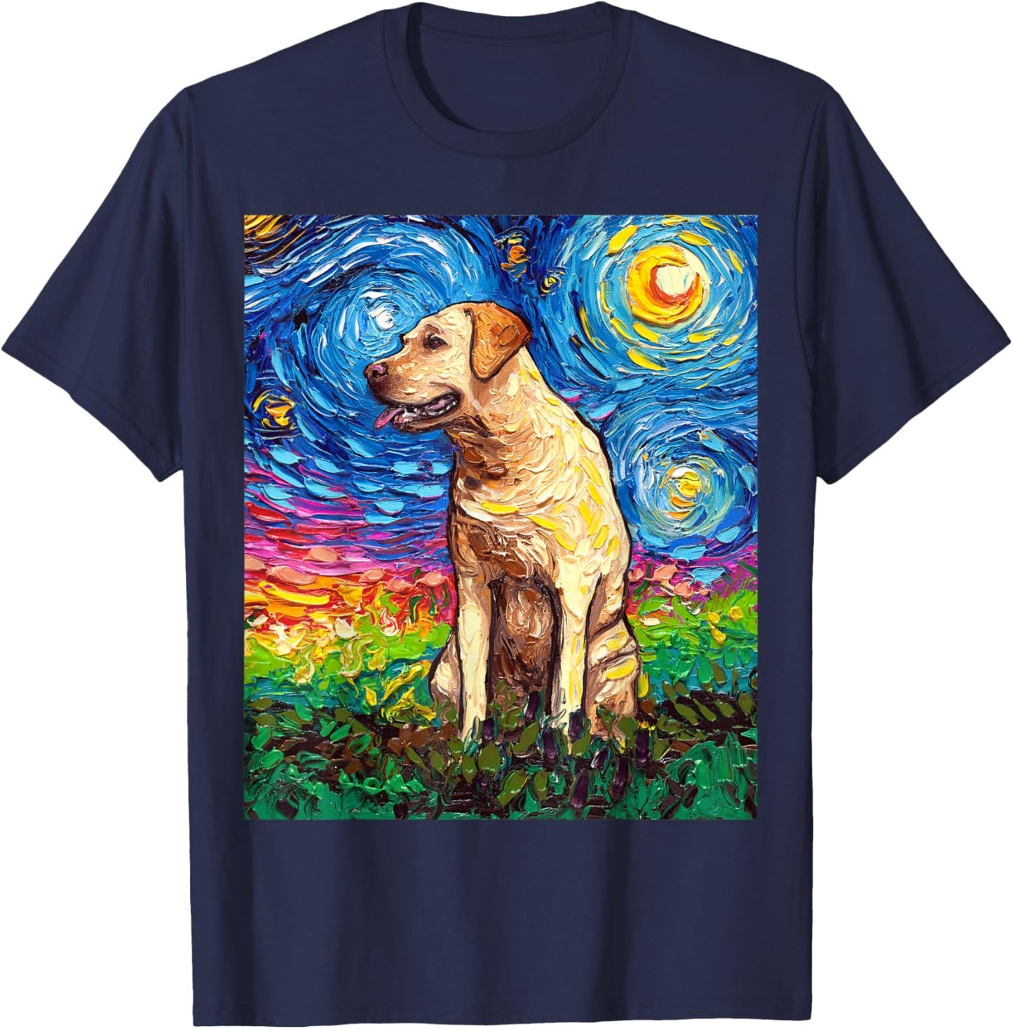 Yellow Labrador Profile Starry Night Blonde Lab Dog Artwork T-Shirt - T-Shirt | Navy