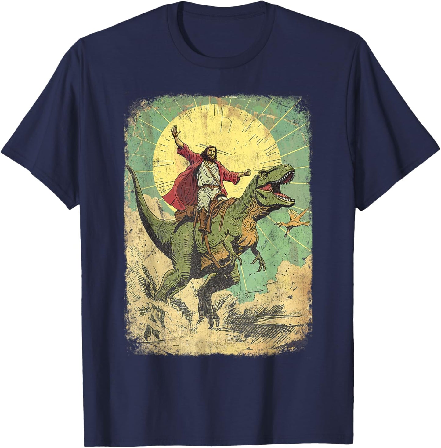 Jesus riding dinosaur Funny Christian retro dino raptor T-Shirt - T-Shirt | Navy
