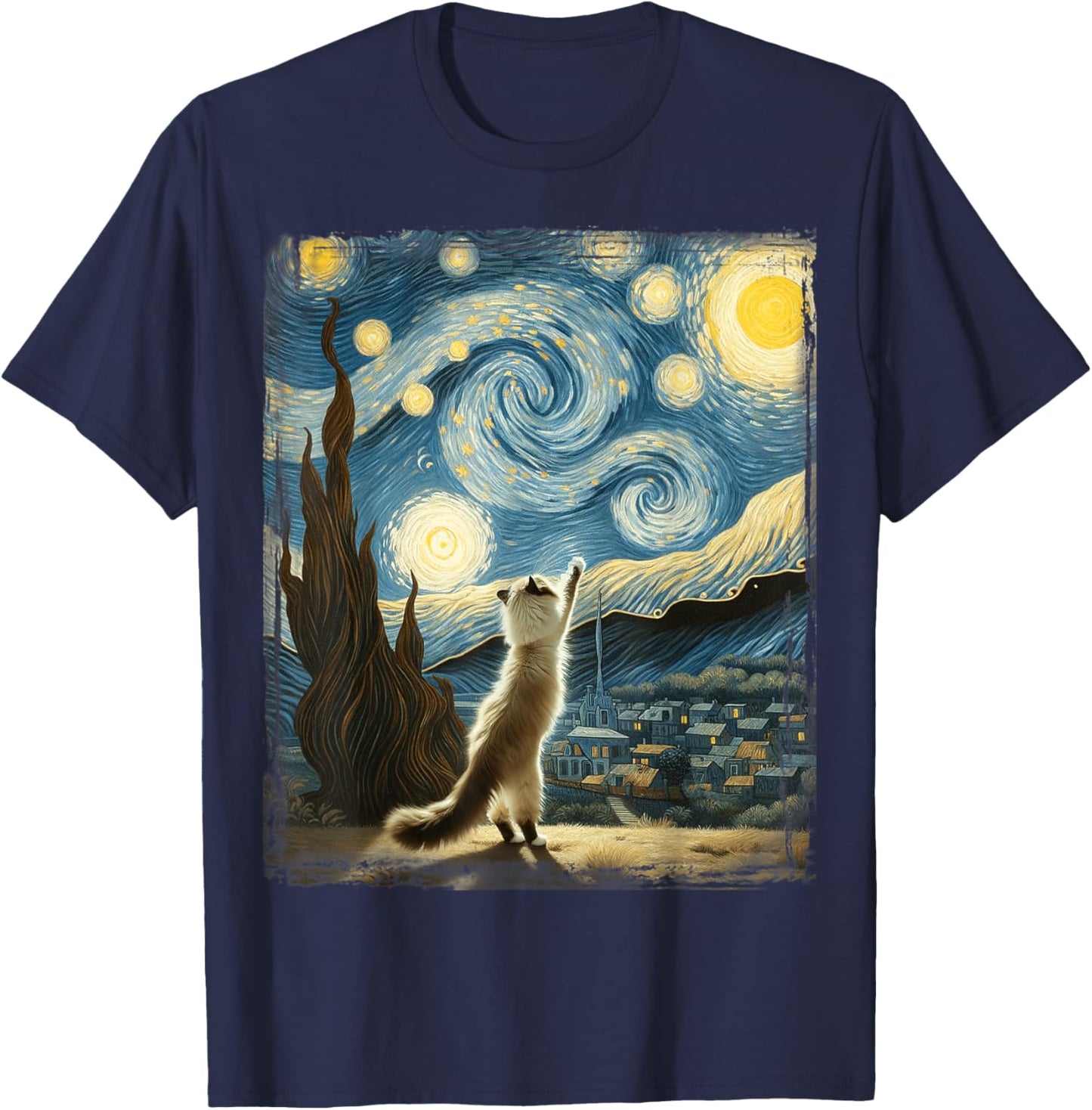 Van Gogh Starry Night Reaching Moon Artistic Pet Ragdoll Cat T-Shirt - T-Shirt | Navy