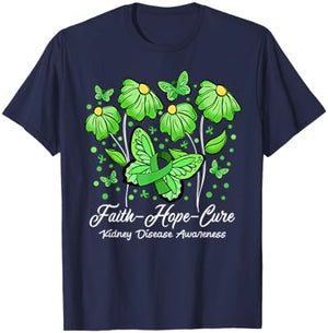 Faith Hope Cure Flower Butterfly Kidney Disease Awareness T-Shirt - T-Shirt | Navy