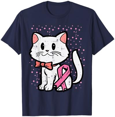 Pink Ribbon Cat Breast Cancer Awareness Women Girls Kids T-Shirt - T-Shirt | Navy