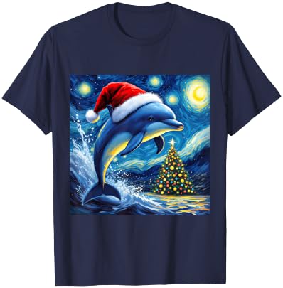 Christmas Dolphin Santa Hat Van Gogh Starry Night Holiday T-Shirt - T-Shirt | Navy