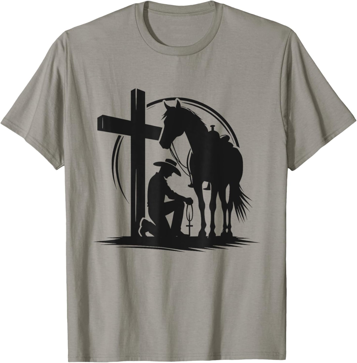 Praying Cowboy Kneeling Cross Western Bible Jesus Horse T-Shirt - T-Shirt | Sand
