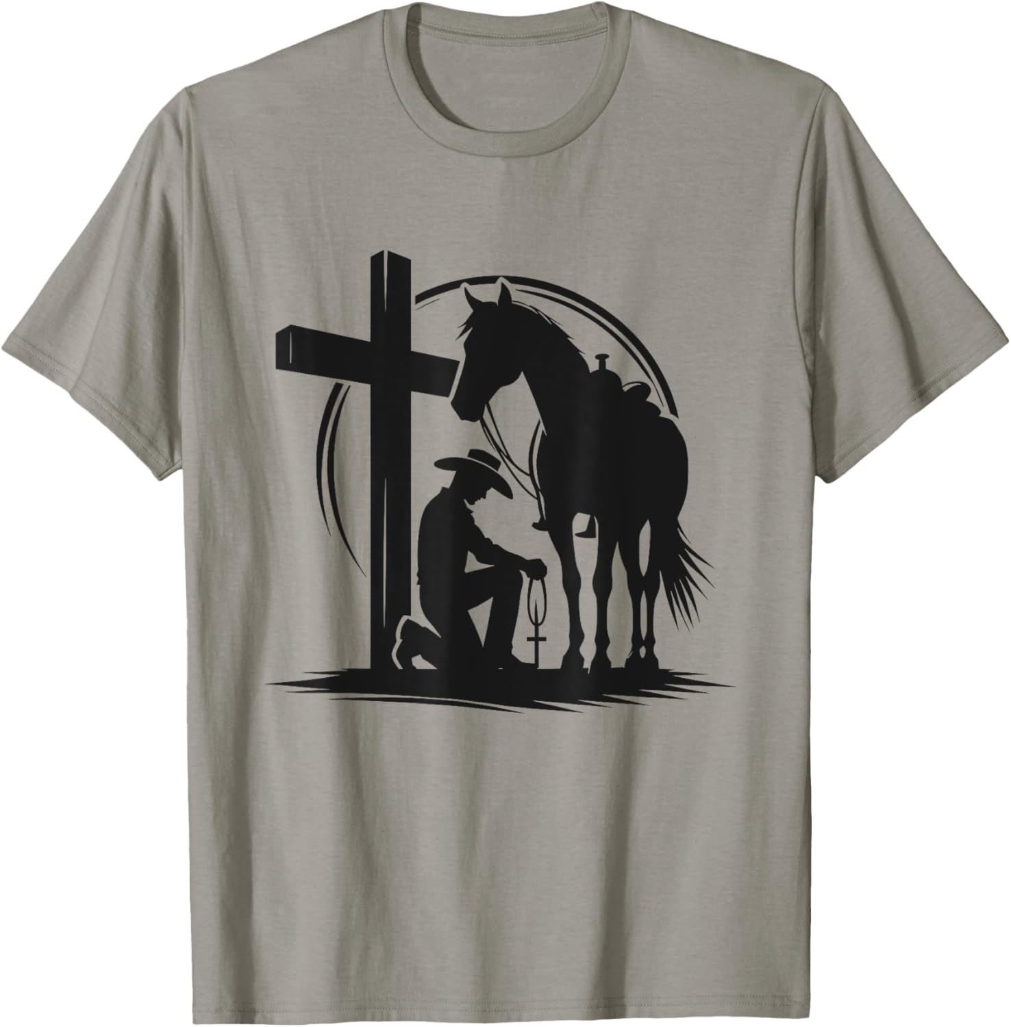 Praying Cowboy Kneeling Cross Western Bible Jesus Horse T-Shirt - T-Shirt | Sand