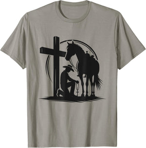 Praying Cowboy Kneeling Cross Western Bible Jesus Horse T-Shirt - T-Shirt | Sand
