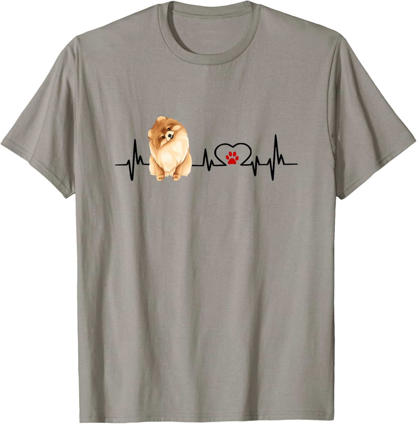 Pomeranian EKG Heartbeat Heart Line With Paw Print T-Shirt - T-Shirt | Sand