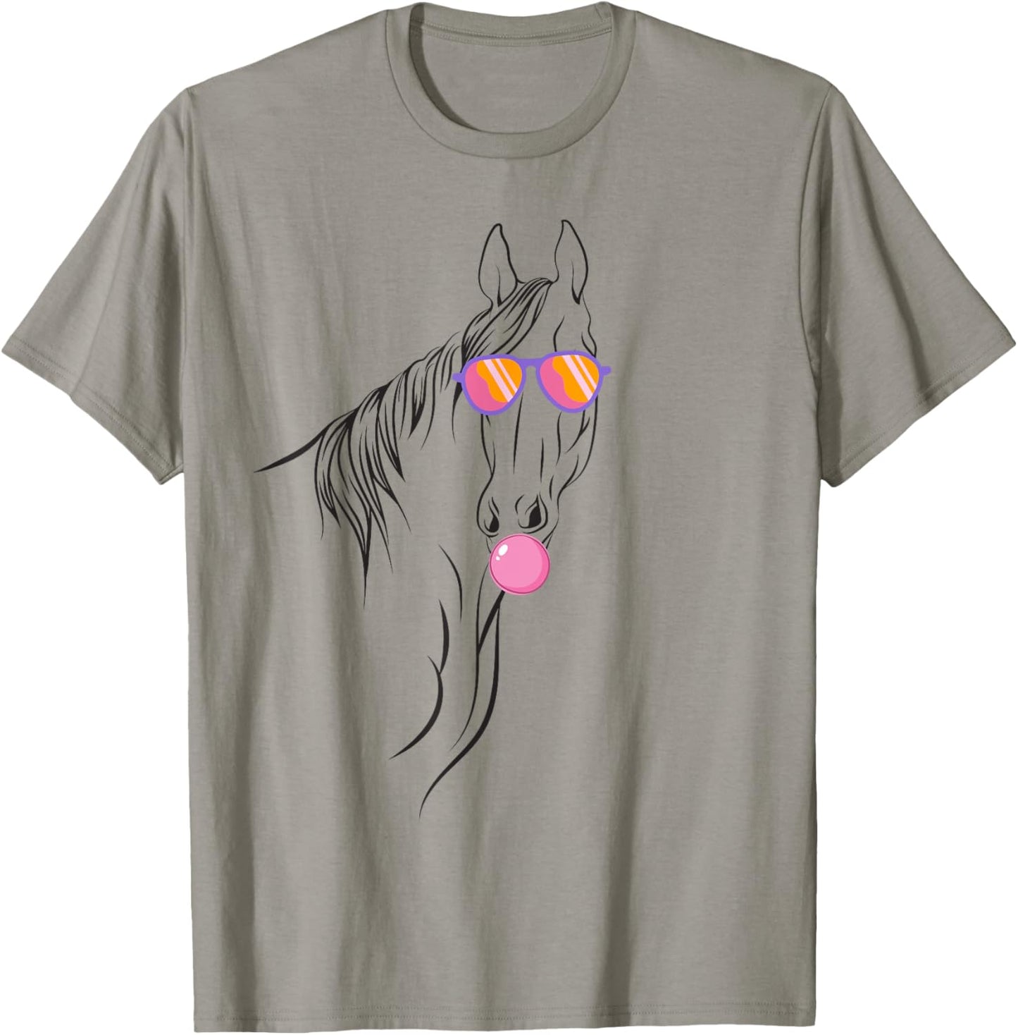 Horse with Bubble Gum and Sunglasses Funny Animal Portrait T-Shirt - T-Shirt | Sand