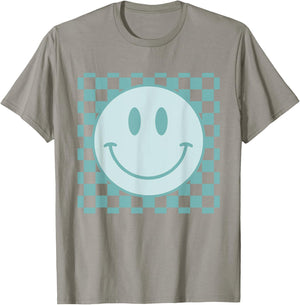 Retro Happy Face Checkered Pattern Smile Face Trendy T-Shirt - T-Shirt | Sand