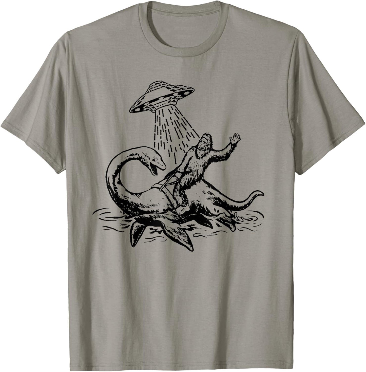 Bigfoot Riding Loch Ness Monster Funny Sasquatch Nessie T-Shirt - T-Shirt | Sand