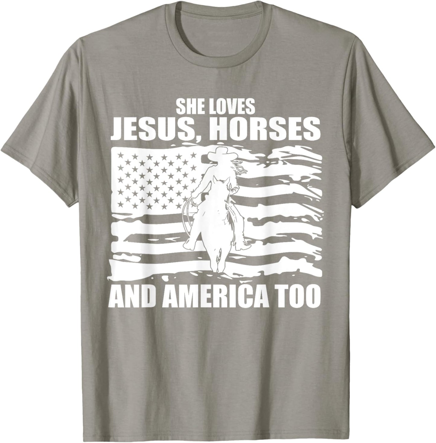 She Loves Jesus Horses And America Too Horseback Riding T-Shirt - T-Shirt | Sand