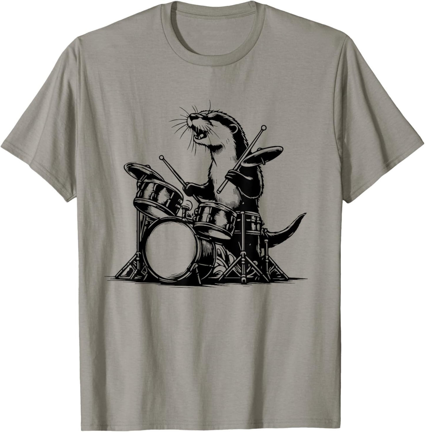 Otter Drummer Rock Retro Drummer Sea Otter Playing Drums T-Shirt - T-Shirt | Sand