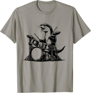 Otter Drummer Rock Retro Drummer Sea Otter Playing Drums T-Shirt - T-Shirt | Sand