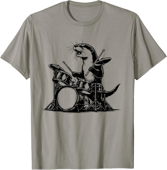Otter Drummer Rock Retro Drummer Sea Otter Playing Drums T-Shirt - T-Shirt | Sand