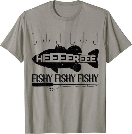 Here-Fishy Men Dad Women Toddler Boy Kids Funny Bass Fishing T-Shirt - T-Shirt | Sand