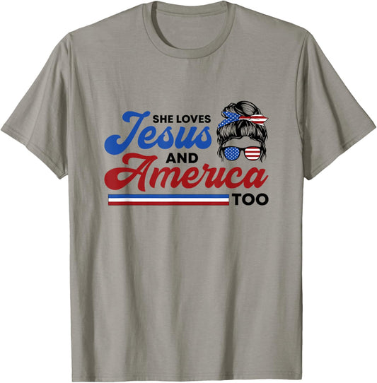 She Loves Jesus And America Too 4th of July Proud Christian T-Shirt - T-Shirt | Sand