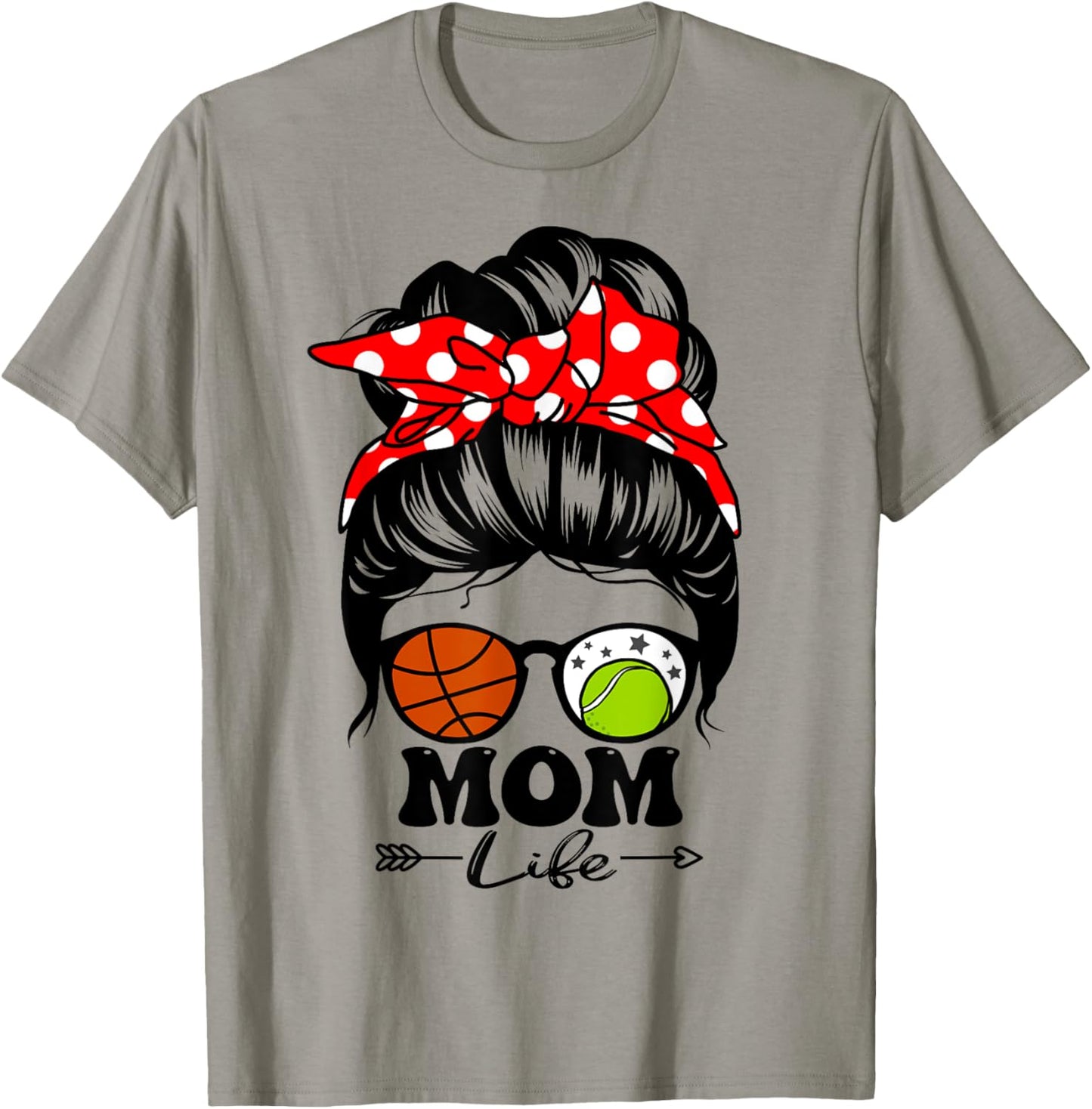 Mom Life Messy Bun Hair Funny Basketball Tennis Player Mom T-Shirt - T-Shirt | Sand