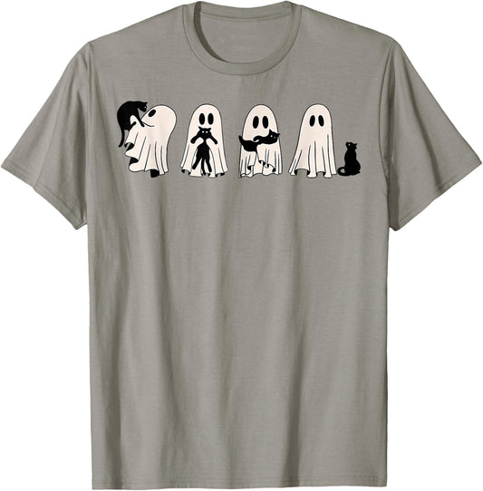 Ghost And Black Cat, Cute Ghost Holding Cat T-Shirt - T-Shirt | Sand