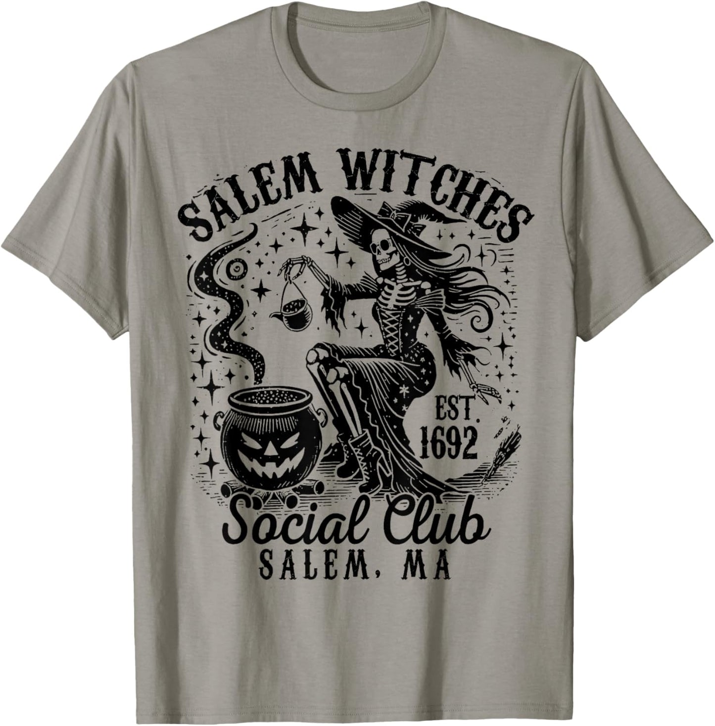 Salem Witches Social Club, Spooky Witch Skeleton Halloween T-Shirt - T-Shirt | Sand