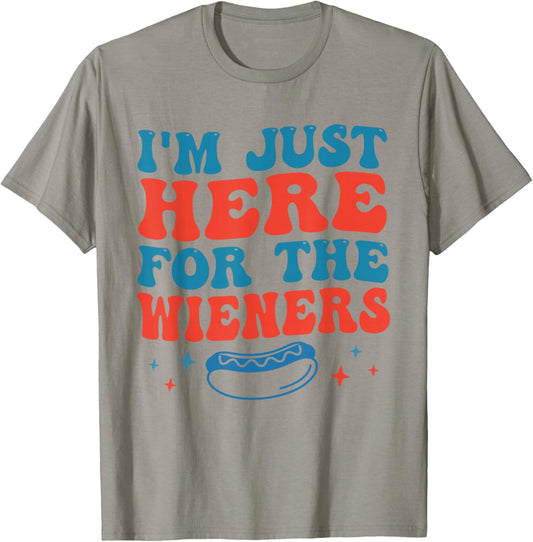Groovy Hot Dog I'm Just Here for The Wieners 4th of July T-Shirt - T-Shirt | Sand