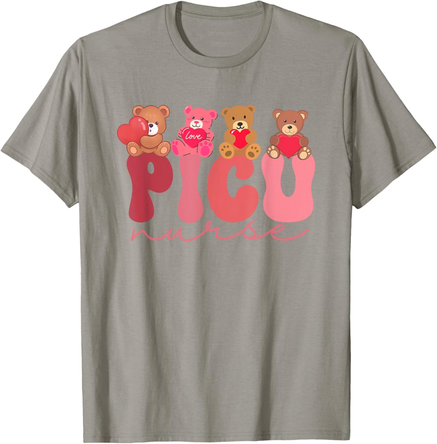Women Valentine PICU Nurse Pediatrics Cute Bears Ped Rn Lpn T-Shirt - T-Shirt | Sand
