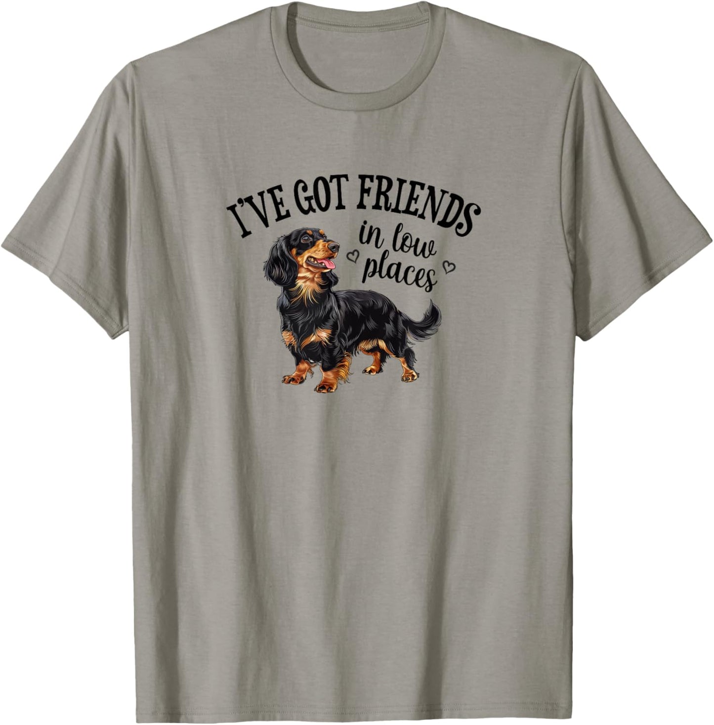 Funny Friends Low Places Black Long Haired Dachshund Lover T-Shirt - T-Shirt | Sand