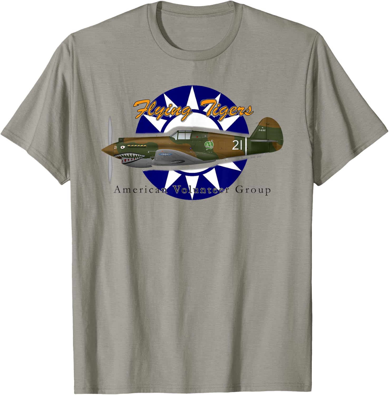 Matthew Webb Flying Tigers P-40 Fighter - Men's Grey Classic Fit Short Sleeve - Small T-Shirt - T-Shirt | Sand
