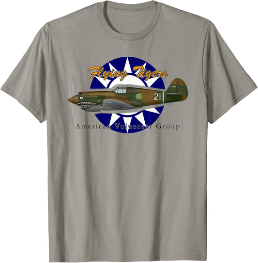 Matthew Webb Flying Tigers P-40 Fighter - Men's Grey Classic Fit Short Sleeve - Small T-Shirt - T-Shirt | Sand