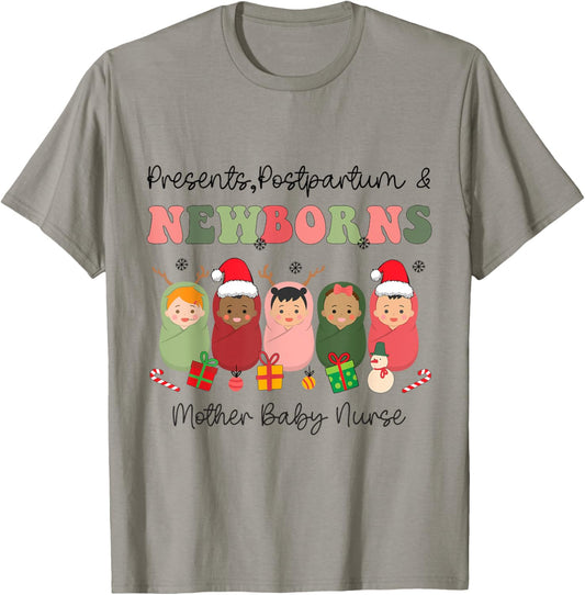 Presents Postpartum Newborns Mother Baby Nurse Christmas T-Shirt - T-Shirt | Sand