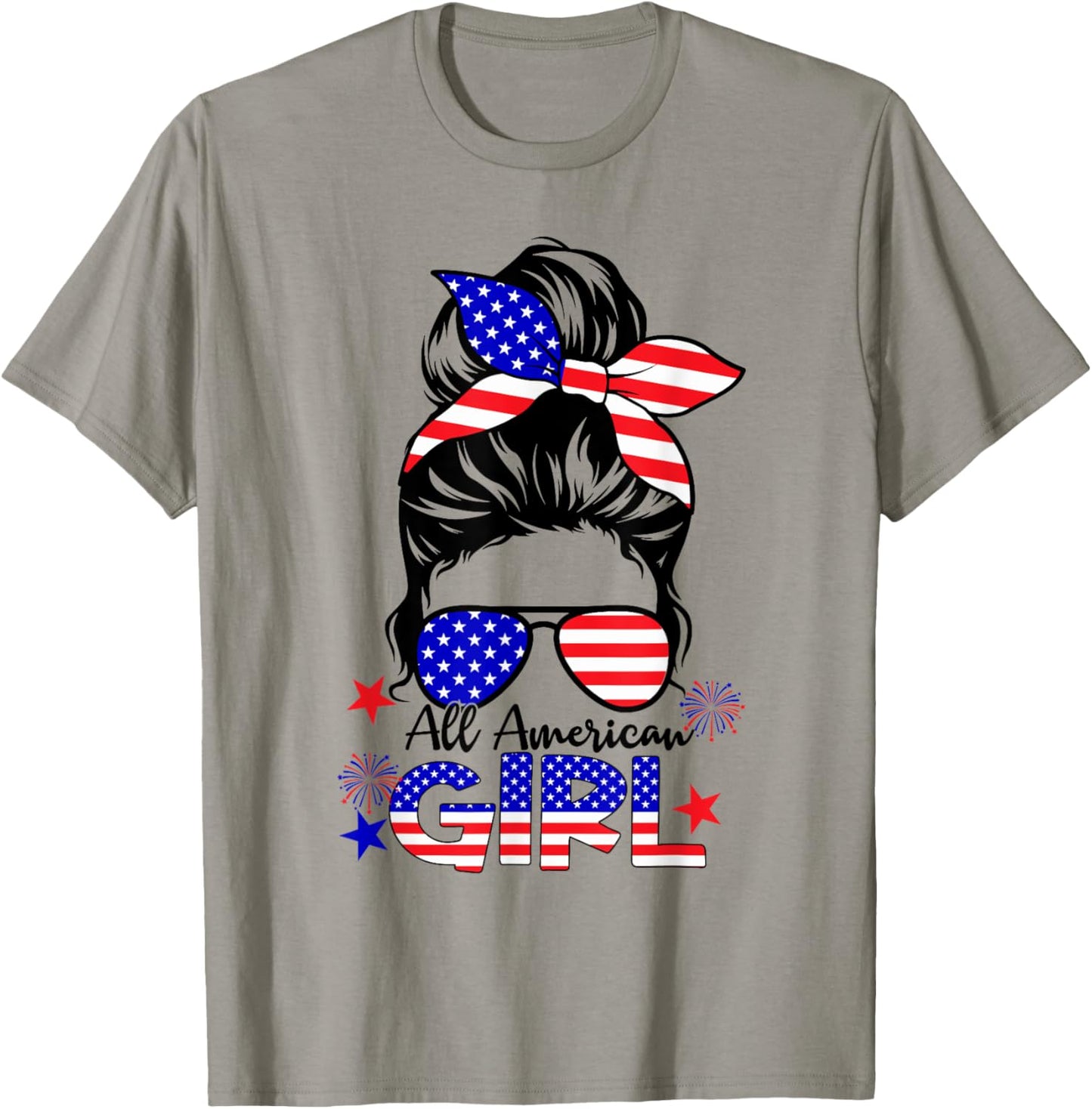 4th of July All American Girls Messy Bun T-Shirt - T-Shirt | Sand
