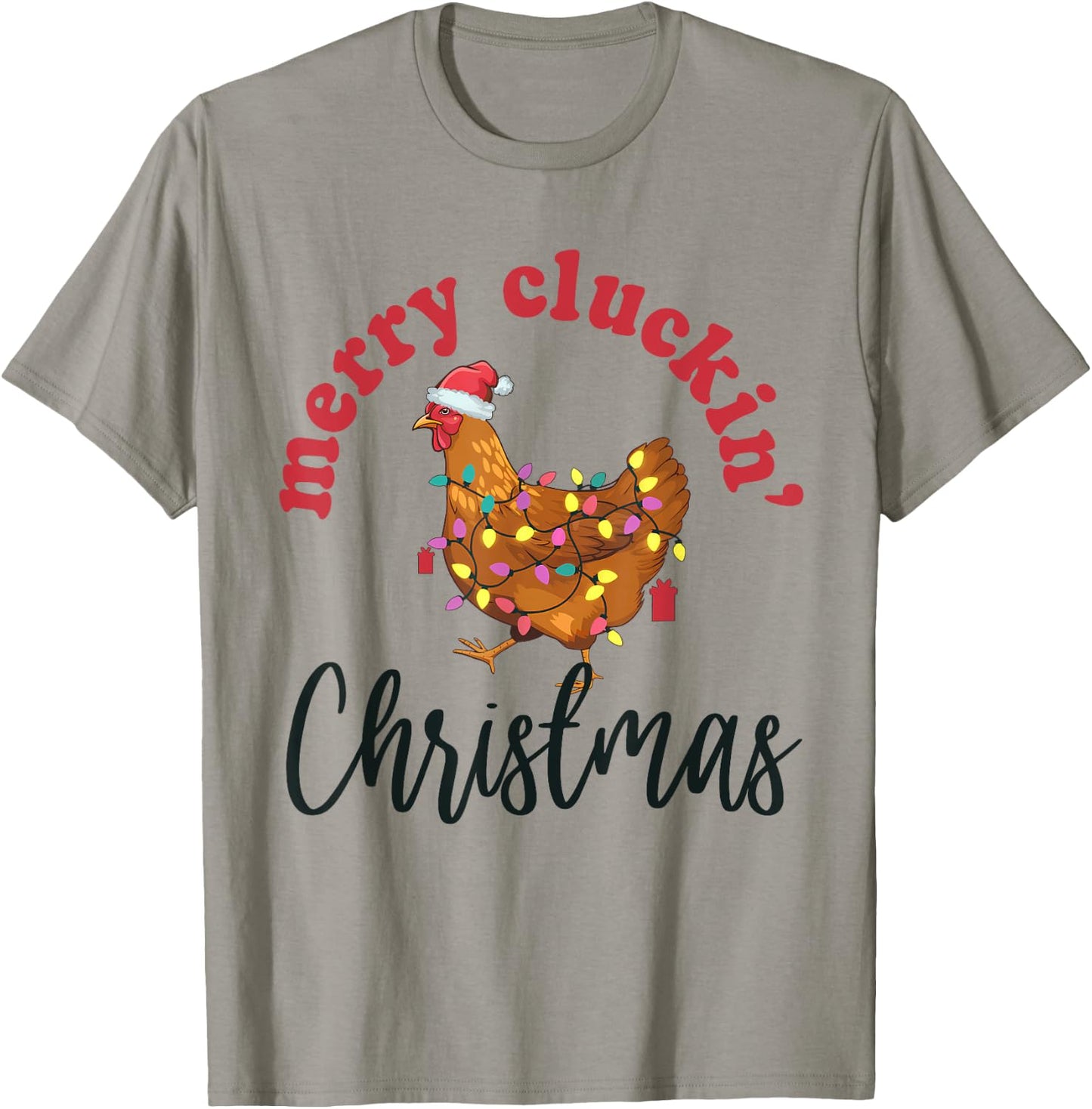Merry Cluckin' Christmas Funny Chicken Santa Xmas Lights T-Shirt - T-Shirt | Sand